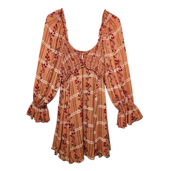 Free People Jackie Smocked Shirred Printed Womens Floral Boho Milkmaid Dress M - Picture 3 of 14